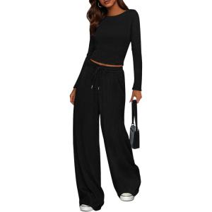 imagePRETTYGARDEN Womens 2 Piece Lounge Sets 2025 Fall Fashion Long Sleeve Crop Top Wide Leg Pants Matching Sets ClothingBlack