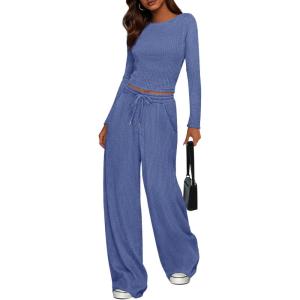 imagePRETTYGARDEN Womens 2 Piece Lounge Sets 2025 Fall Fashion Long Sleeve Crop Top Wide Leg Pants Matching Sets ClothingBlue
