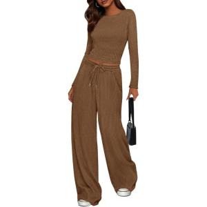 imagePRETTYGARDEN Womens 2 Piece Lounge Sets 2025 Fall Fashion Long Sleeve Crop Top Wide Leg Pants Matching Sets ClothingDark Khaki