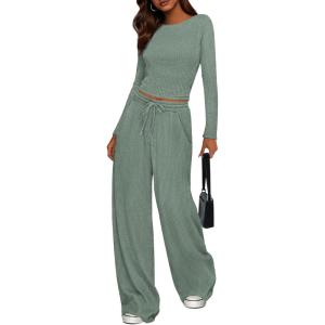 imagePRETTYGARDEN Womens 2 Piece Lounge Sets 2025 Fall Fashion Long Sleeve Crop Top Wide Leg Pants Matching Sets ClothingGreen