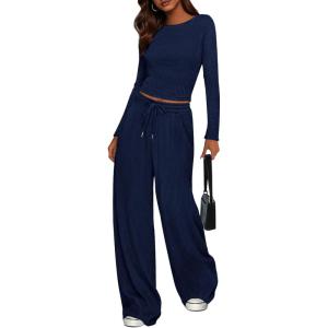 imagePRETTYGARDEN Womens 2 Piece Lounge Sets 2025 Fall Fashion Long Sleeve Crop Top Wide Leg Pants Matching Sets ClothingNavy