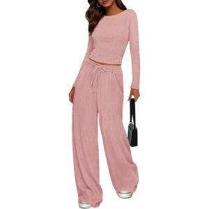 imagePRETTYGARDEN Womens 2 Piece Lounge Sets 2025 Fall Fashion Long Sleeve Crop Top Wide Leg Pants Matching Sets ClothingPink