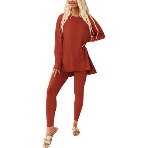 imagePRETTYGARDEN Womens 2 Piece Outfits 2025 Fall Casual Long Sleeve Tunic Tops Legging Pants Matching Lounge Sets SweatsuitsBrick Red