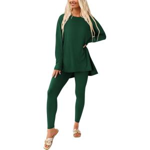 imagePRETTYGARDEN Womens 2 Piece Outfits 2025 Fall Casual Long Sleeve Tunic Tops Legging Pants Matching Lounge Sets SweatsuitsDark Green
