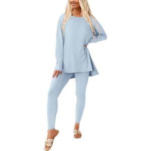 imagePRETTYGARDEN Womens 2 Piece Outfits 2025 Fall Casual Long Sleeve Tunic Tops Legging Pants Matching Lounge Sets SweatsuitsLight Blue