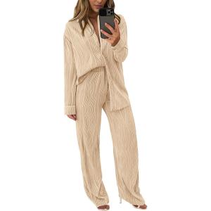 imagePRETTYGARDEN Womens 2 Piece Sets 2025 Fall Casual Textured Button Down Shirt Wide Leg Pants Outfits Loungewear TracksuitApricot
