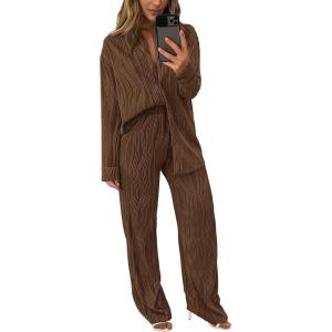 imagePRETTYGARDEN Womens 2 Piece Sets 2025 Fall Casual Textured Button Down Shirt Wide Leg Pants Outfits Loungewear TracksuitCoffee