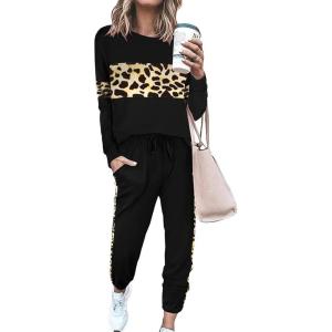 imagePRETTYGARDEN Womens 2 Piece Sets 2025 Long Sleeve Tops High Waisted Sweatpants Lounge Set Fall Fashion Travel OutfitsLeopard Black
