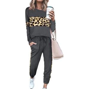 imagePRETTYGARDEN Womens 2 Piece Sets 2025 Long Sleeve Tops High Waisted Sweatpants Lounge Set Fall Fashion Travel OutfitsLeopard Dark Grey