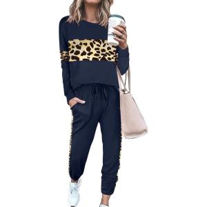 imagePRETTYGARDEN Womens 2 Piece Sets 2025 Long Sleeve Tops High Waisted Sweatpants Lounge Set Fall Fashion Travel OutfitsLeopard Navy