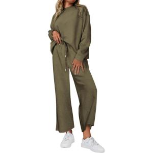 imagePRETTYGARDEN Womens 2025 Fall 2 Piece Outfits Long Sleeve Pullover Tops Wide Leg Pants Matching Lounge Sets Fashion ClothingArmy Green