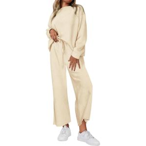 imagePRETTYGARDEN Womens 2025 Fall 2 Piece Outfits Long Sleeve Pullover Tops Wide Leg Pants Matching Lounge Sets Fashion ClothingBeige