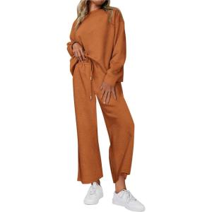 imagePRETTYGARDEN Womens 2025 Fall 2 Piece Outfits Long Sleeve Pullover Tops Wide Leg Pants Matching Lounge Sets Fashion ClothingBrown Orange