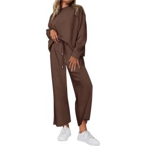 imagePRETTYGARDEN Womens 2025 Fall 2 Piece Outfits Long Sleeve Pullover Tops Wide Leg Pants Matching Lounge Sets Fashion ClothingCoffee