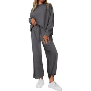 imagePRETTYGARDEN Womens 2025 Fall 2 Piece Outfits Long Sleeve Pullover Tops Wide Leg Pants Matching Lounge Sets Fashion ClothingDark Grey
