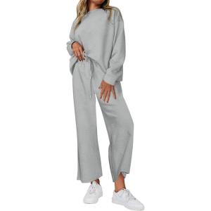 imagePRETTYGARDEN Womens 2025 Fall 2 Piece Outfits Long Sleeve Pullover Tops Wide Leg Pants Matching Lounge Sets Fashion ClothingLight Grey
