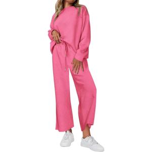 imagePRETTYGARDEN Womens 2025 Fall 2 Piece Outfits Long Sleeve Pullover Tops Wide Leg Pants Matching Lounge Sets Fashion ClothingPink