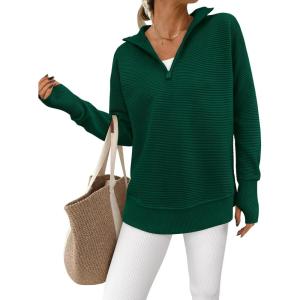 imagePRETTYGARDEN Womens Long Sleeve Quarter Zip Pullover Sweater Casual Loose V Neck Collared Ribbed Knit Jumper Tops Thumb HoleDark Green