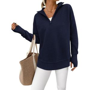 imagePRETTYGARDEN Womens Long Sleeve Quarter Zip Pullover Sweater Casual Loose V Neck Collared Ribbed Knit Jumper Tops Thumb HoleNavy