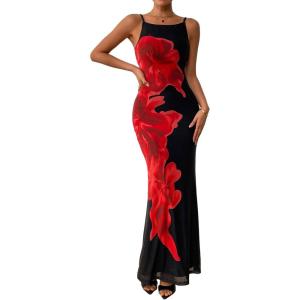 imagePRETTYGARDEN Womens Summer Dresses 2025 Elegant Spaghetti Straps Evening Gown Floral Print Bodycon Maxi Mesh SundressBlack and Red Floral