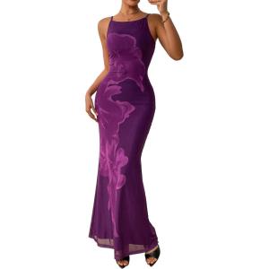 imagePRETTYGARDEN Womens Summer Dresses 2025 Elegant Spaghetti Straps Evening Gown Floral Print Bodycon Maxi Mesh SundressPurple Floral