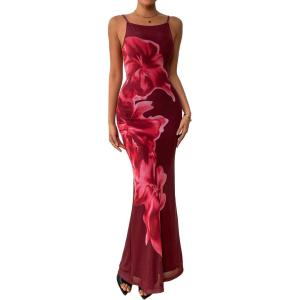 imagePRETTYGARDEN Womens Summer Dresses 2025 Elegant Spaghetti Straps Evening Gown Floral Print Bodycon Maxi Mesh SundressWine Red and Red Floral