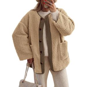 imagePRETTYGARDEN Womens 2025 Winter Coats Long Sleeve Button up Fuzzy Sherpa Fleece Jackets Outerwear Fall Fashion ClothesKhaki