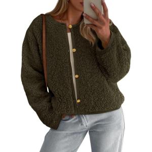 imagePRETTYGARDEN Womens 2025 Winter Faux Fur Coats Fuzzy Fleece Cropped Jackets Buttons Warm Casual Trendy Fall Fashion ClothesArmy Green