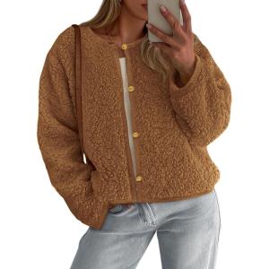 imagePRETTYGARDEN Womens 2025 Winter Faux Fur Coats Fuzzy Fleece Cropped Jackets Buttons Warm Casual Trendy Fall Fashion ClothesCaramel