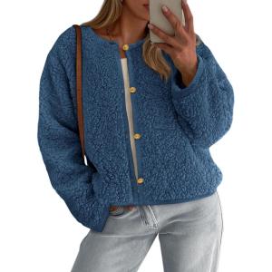 imagePRETTYGARDEN Womens 2025 Winter Faux Fur Coats Fuzzy Fleece Cropped Jackets Buttons Warm Casual Trendy Fall Fashion ClothesDusty Blue