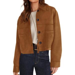 imagePRETTYGARDEN Womens Faux Suede Cropped Jacket Casual Lightweight Fall Fashion 2025 Winter Coats Outerwear Trendy ClothesBrown