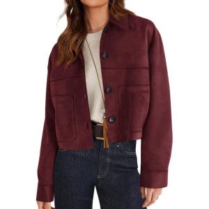 imagePRETTYGARDEN Womens Faux Suede Cropped Jacket Casual Lightweight Fall Fashion 2025 Winter Coats Outerwear Trendy ClothesBurgundy
