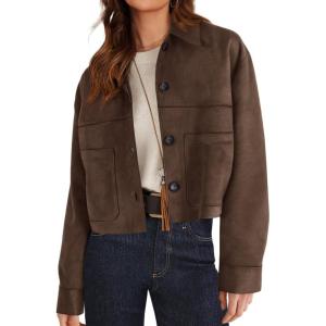 imagePRETTYGARDEN Womens Faux Suede Cropped Jacket Casual Lightweight Fall Fashion 2025 Winter Coats Outerwear Trendy ClothesDark Brown