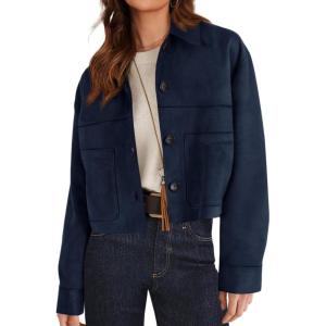 imagePRETTYGARDEN Womens Faux Suede Cropped Jacket Casual Lightweight Fall Fashion 2025 Winter Coats Outerwear Trendy ClothesNavy Blue