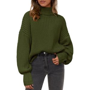 imagePRETTYGARDEN Fall Oversized Sweaters for Women 2025 Chunky Knit Long Sleeve Turtle Neck Pullover Tops Cozy Winter ClothingArmy Green