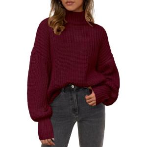 imagePRETTYGARDEN Fall Oversized Sweaters for Women 2025 Chunky Knit Long Sleeve Turtle Neck Pullover Tops Cozy Winter ClothingBurgundy