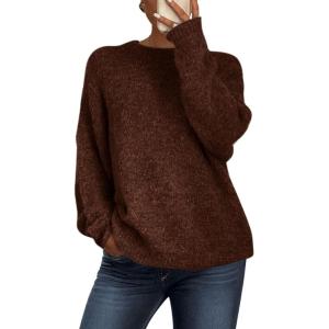 imagePRETTYGARDEN Womens Fall Long Sleeve Sweater Crew Neck Fuzzy Loose Fit Chunky Knit Oversized Pullover Sweaters Going Out TopsDark Brown