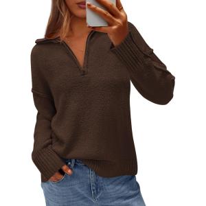 imagePRETTYGARDEN Womens Fall Quarter Zip Pullover Sweaters 2025 Dressy Casual Long Sleeve V Neck Collared Knit Jumper TopsBrown
