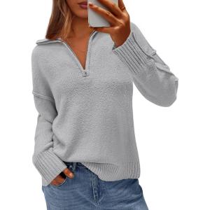 imagePRETTYGARDEN Womens Fall Quarter Zip Pullover Sweaters 2025 Dressy Casual Long Sleeve V Neck Collared Knit Jumper TopsGrey