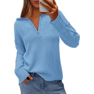 imagePRETTYGARDEN Womens Fall Quarter Zip Pullover Sweaters 2025 Dressy Casual Long Sleeve V Neck Collared Knit Jumper TopsLight Blue