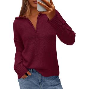 imagePRETTYGARDEN Womens Fall Quarter Zip Pullover Sweaters 2025 Dressy Casual Long Sleeve V Neck Collared Knit Jumper TopsWine Red