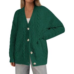 imagePRETTYGARDEN Womens Oversized Cable Knit Cardigan 2025 Fall Fashion Long Sleeve Open Front Chunky Sweaters Winter CoatsDark Green