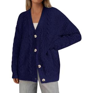 imagePRETTYGARDEN Womens Oversized Cable Knit Cardigan 2025 Fall Fashion Long Sleeve Open Front Chunky Sweaters Winter CoatsNavy Blue