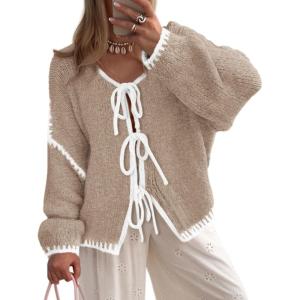 imagePRETTYGARDEN Womens Tie Front Bow Cardigan Sweaters Chunky Knit Long Puff Sleeve Trendy Fall Winter Jacket CoatsCamel White