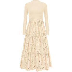 imagePRETTYGARDEN Long Sleeve Dress for Women 2025 Fall Eyelet Mock Neck A Line Elegant Classy Maxi Wedding Guest Dresses PocketsBeige