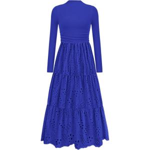 imagePRETTYGARDEN Long Sleeve Dress for Women 2025 Fall Eyelet Mock Neck A Line Elegant Classy Maxi Wedding Guest Dresses PocketsRoyal Blue