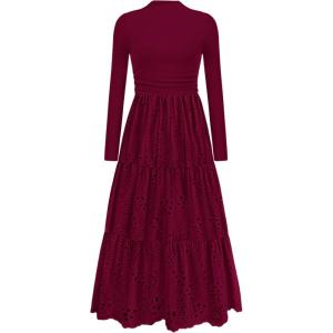imagePRETTYGARDEN Long Sleeve Dress for Women 2025 Fall Eyelet Mock Neck A Line Elegant Classy Maxi Wedding Guest Dresses PocketsWine Red