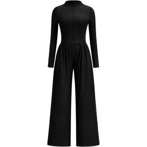 imagePRETTYGARDEN Long Sleeve Jumpsuit for Women Dressy Casual 2025 One Piece Mock Neck Jumpsuits Rompers Fall Outfits PocketsBlack