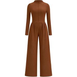 imagePRETTYGARDEN Long Sleeve Jumpsuit for Women Dressy Casual 2025 One Piece Mock Neck Jumpsuits Rompers Fall Outfits PocketsBrown