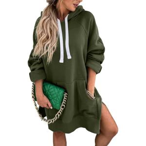 imagePRETTYGARDEN Oversized Sweatshirt for Women 2025 Fall Pullover Casual Long Sleeve Split Hem Hoodie Dress With Kangaroo PocketArmy Green
